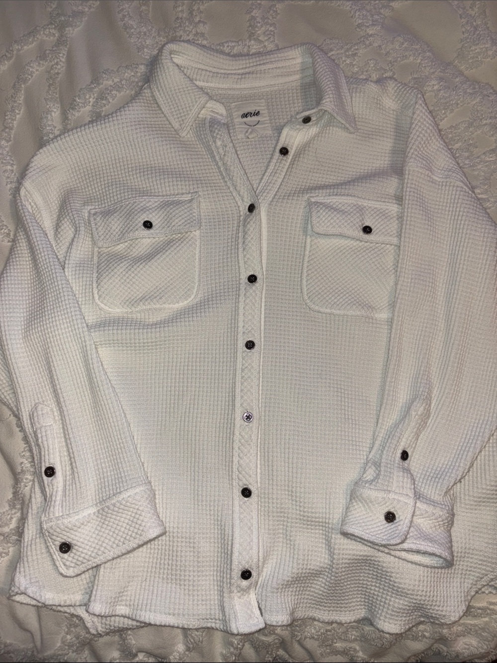 aerie White Waffle-Knit Button-Down Shirt
